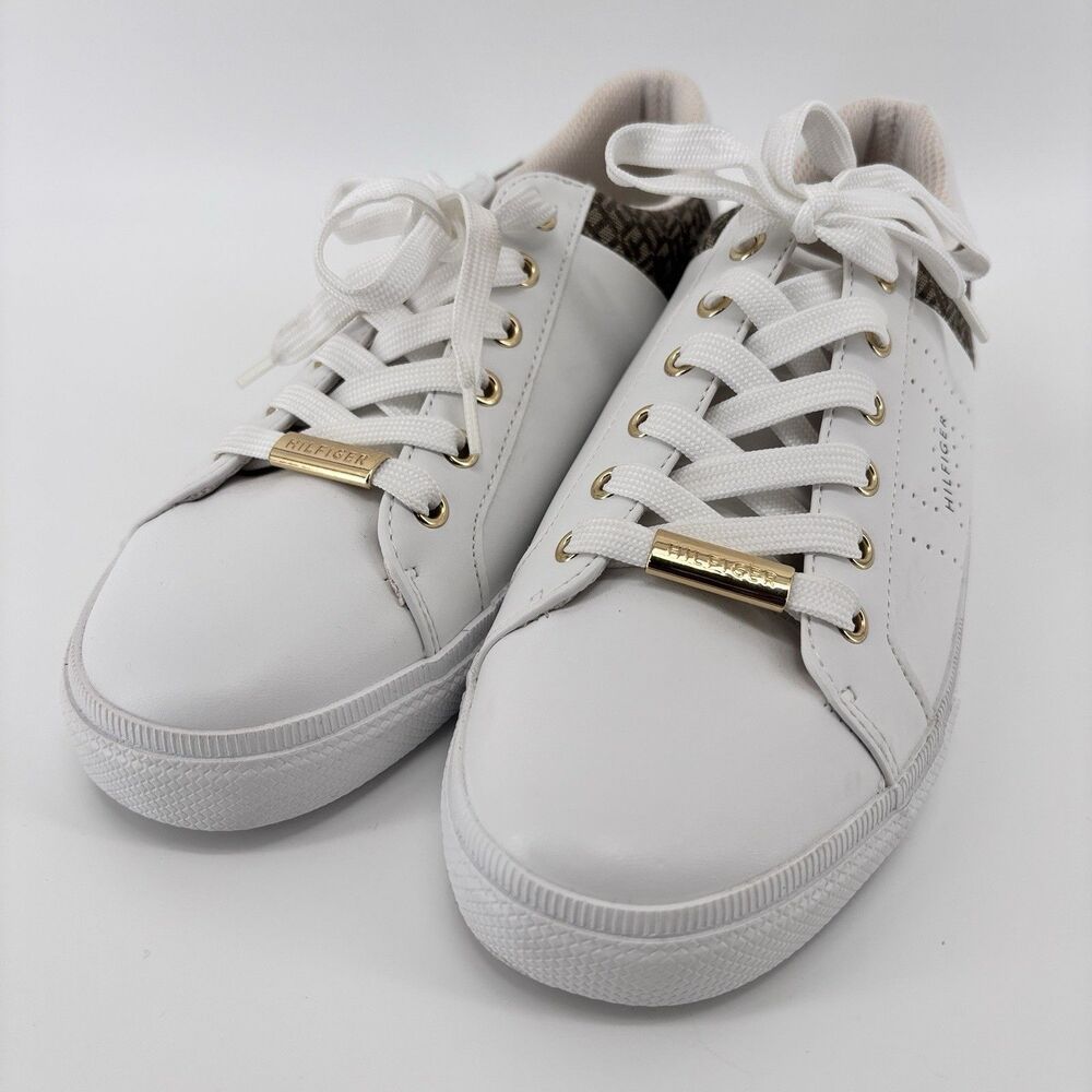 Tommy Hilfiger Lorio Women's 8.5M White Brown Monogram Lace Up Sneakers